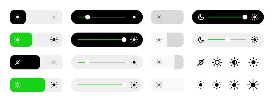 Brightness level icon set. Screen brightness settings interface element col.. Stock Illustration
