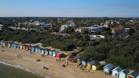Brighton Bathing Boxes in Melbourne Stock Footage 74528119