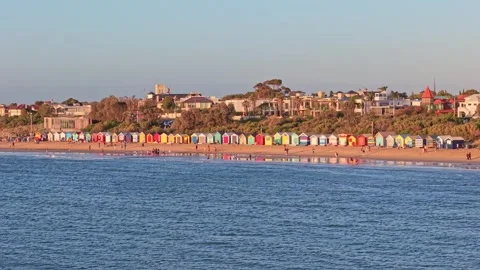 Brighton Beach Bathing Boxes Along Melbourne Coast. Stock Footage 329166491