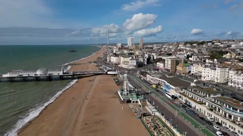 Brighton beach fly over daytime aerial shot Video stock 257904337