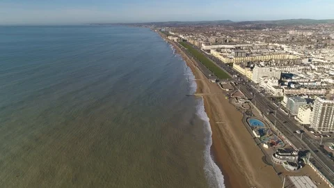 Brighton beach west of i360 from high aerial perspective, drone aerial 4K Stock Footage 101209635