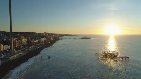 Brighton West Pier, i360 viewing tower and Brighton Palace Pier, drone aerial 4K Stock Footage 101202147
