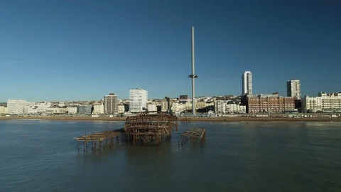Brighton West Pier looking toward i360 viewing tower, drone aerial 4K Stock Footage 101225882