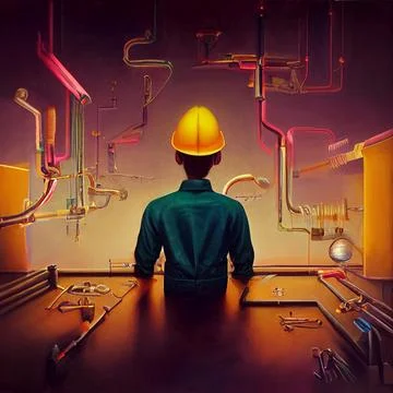 A brilliant engineer inventor is working on a new technical discovery. Illustrazione stock