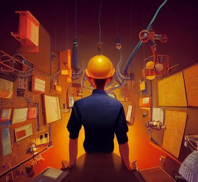 A brilliant engineer inventor is working on a new technical discovery. Illustrazione stock