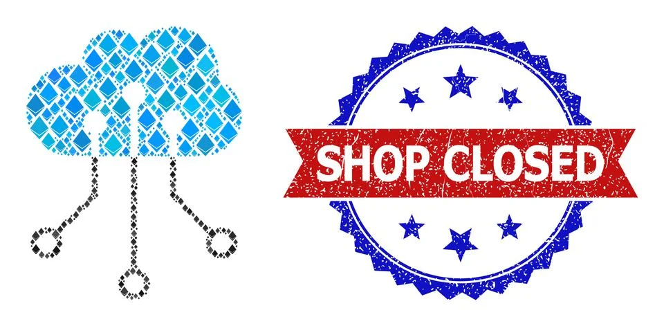 Brilliant Mosaic Cloud Network Icon and Textured Bicolor Shop Closed Watermark Stock Illustration