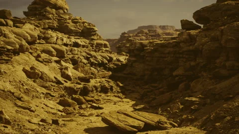 Brilliant rust colored valley featuring rugged and stratified rock formations Video stock 331396403