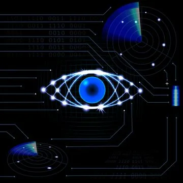 Brilliant technological eye HUD on a black background. Neon grid. Printed cir Stock Illustration