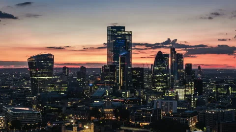 Brilliantly red and orange Sunset, London Skyline, Aerial View of London UK Stock Footage 135432359