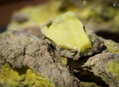 Brimstone - volcanic sulfur ore sample Stock Photos