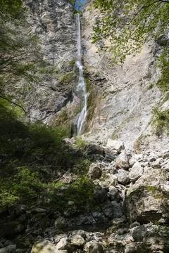 Brinta Waterfall hidden inside the forest, beauties of Slovenia. Stock Photos