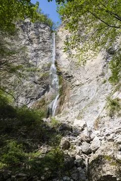 Brinta Waterfall hidden inside the forest, beauties of Slovenia. Stock Photos