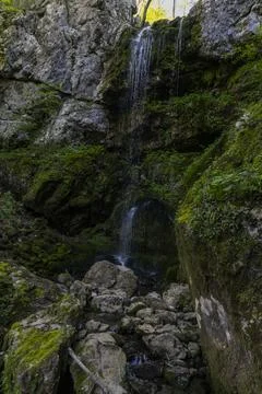 Brinta Waterfall hidden inside the forest, beauties of Slovenia. Stock Photos