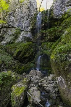 Brinta Waterfall hidden inside the forest, beauties of Slovenia. Foto stock