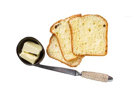 Brioche bread on breakfast table with butter and jam. Isolated, white backg.. Stock Photos