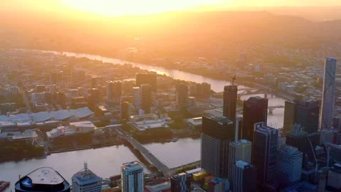 Brisbane City And Central Business District During A Beautiful Orange Stock Footage