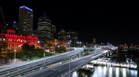 Brisbane Cityscape Road Traffic Night Timelapse Stock Footage