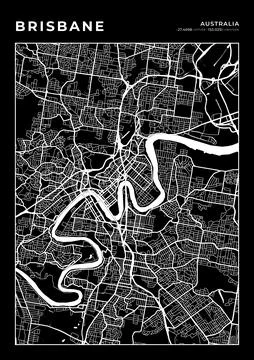 Brisbane Map Wall Art Frame, Cartography Map Print, City Layout Map Stock Illustration