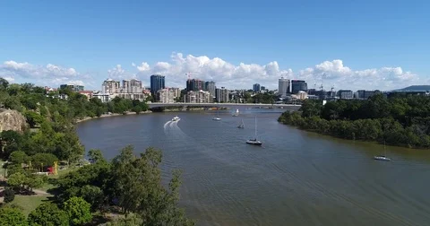 Brisbane river drone flyover with Citycat ferry boat Stock Footage 75639297