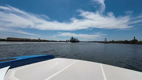 Brisbane River Ferry Approaching A Ship And Tug Boat Stock Footage 233627870
