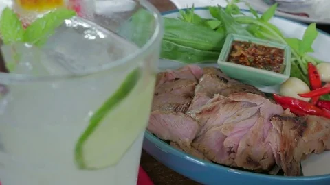 Brisket Beef steak grilled with Thai Spicy Sauce Stock Footage 77571514