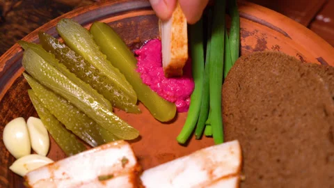 Brisket with spices, served with garnish Stock Footage 249689734