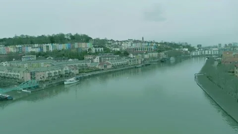 Bristol Harbour River Avon Cloudy Day Rising Aerial Drone Shot Stock Footage 209194092