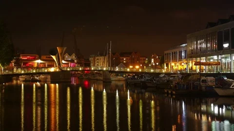 Bristol Harbourside Time Lapse - Night Time Long Exposure of Lights on Water 2 Stock Footage