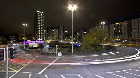 Bristol night traffic timelapse busy roundabout city centre tracking shot Stock Footage 47016478
