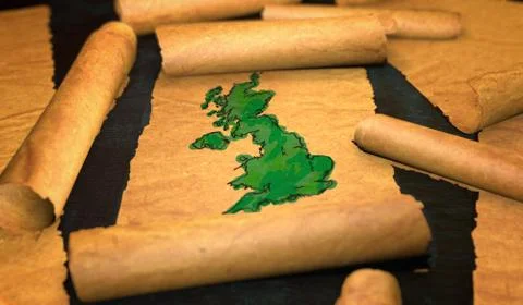 Britain UK Map Painting Unfolding Old Paper Scroll 3D Stock Illustration