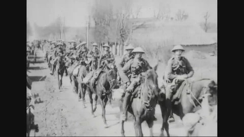 The British 10th Royal Hussars Cavalry Regiment entering Arras -1918 Stock Footage 83658129