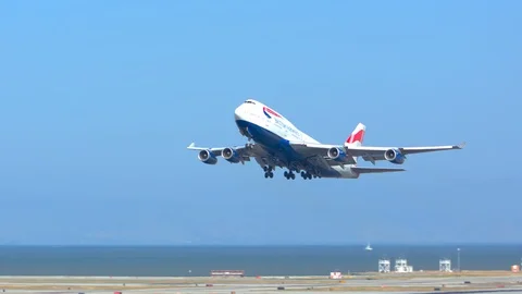 British Airways Boeing 747 Taking Off from San Francisco SFO Stock Footage