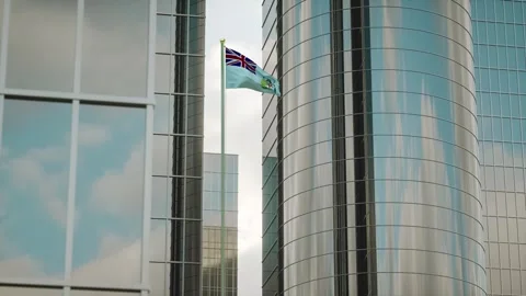 British Antarctic Territory Flag 3D Render Animation on Pole with City Build Video stock 332887503