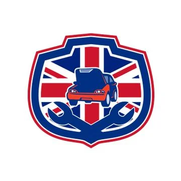 British Auto Repair Shop Union Jack Flag Crest Stock Illustration
