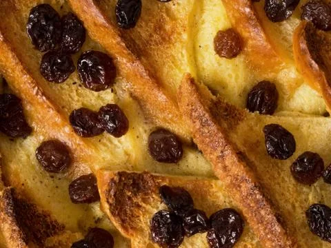 British bread and butter pudding food background Stock Photos