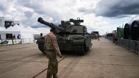 British Challenger 2 tank backing Stock Footage 246497182