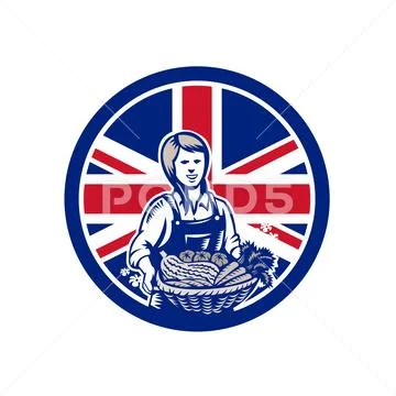 British Female Organic Farmer Union Jack Flag Icon Stock Illustration