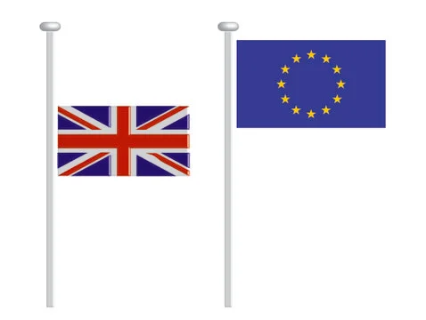 British flag flying at half-staff and eu flag at top - Brexit concept Stock Illustration