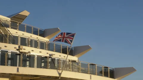 British Flag On Modern Yatch Deck Under Blue Sky, London Stock Footage 326044225