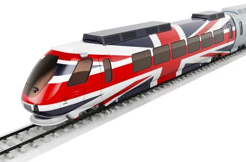 British flag painted on the high speed train. Rail travel in the Great Britai Stock Illustration