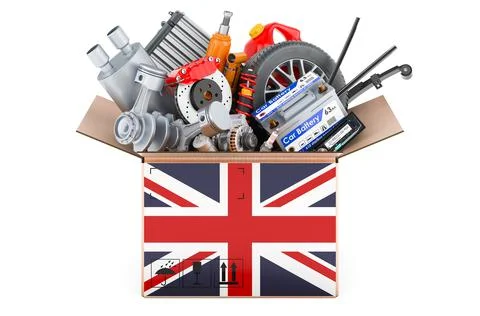 British flag painted on the parcel with car parts. 3D rendering Stock Illustration