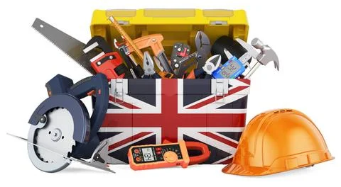 British flag painted on the toolbox. Service, repair and construction in t... Stock Photos