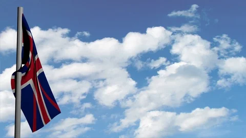 British flag on sky background with white clouds, computer 3d animation, render Stock Footage 108456372