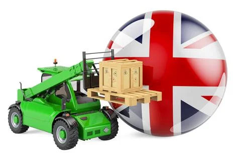 British flag with telescopic handler truck and parcel. Cargo shipping in the  Stockillustratie