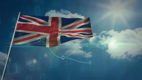 British flag waving over digital binary code and data connections animation Stock Footage 306637733