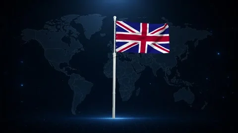 British flag waving on a pole against a digital world map. Stock Footage 340414333