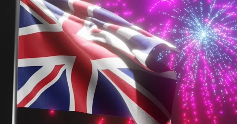 The British flag waving in the wind with fireworks in the background Stock Footage 279329757