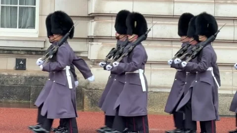 British Guards Marching at Buckingham Palace Close Up London Stock Footage 333225465