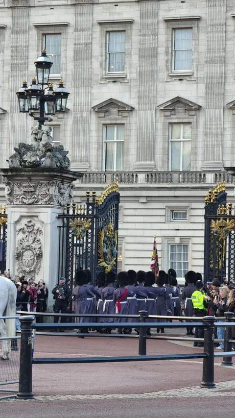 British guards standing in formation outside Buckingham Palace Stock Footage 323591197