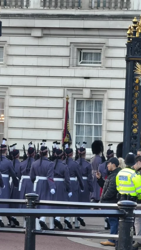 British guards standing in formation outside Buckingham Palace Stock Footage 323591433